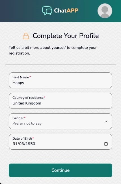 Screenshot of the complete profile page (step 1)